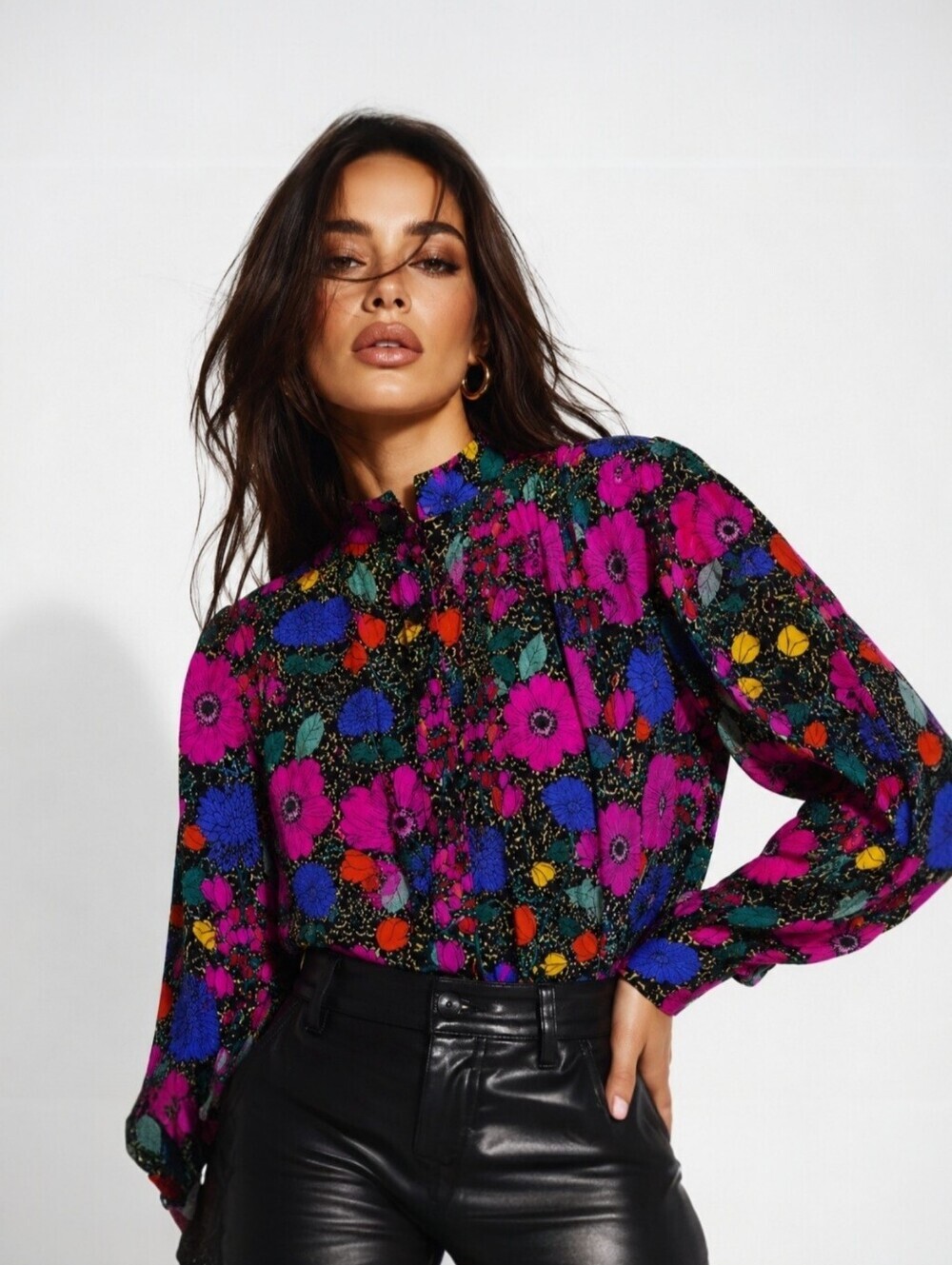 Hunter Bell Taylor Silk Blouse L Floral Button Up Boho Luxury Designer Top